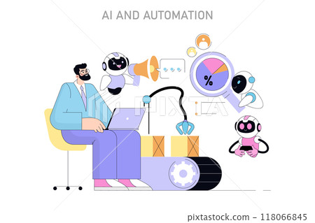 AI and Automation concept. Man at computer with assistant robots highlighting technological progress in automation. Vector illustration. 118066845