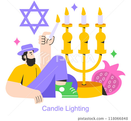 Rosh Hashanah concept. Jewish man lights candles to celebrate the New Year, with a Star of David and pomegranate symbolizing traditions. Vector illustration. Rosh Hashanah concept. Jewish man lights candles to celebrate the New Year, with a Star of David and pomegranate symbolizing traditions. Vector illustration. 118066848