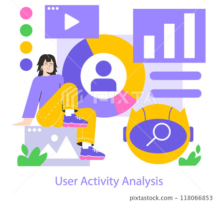 Mobile AI concept. User activity analysis with a relaxed person amidst colorful analysis graphics. User interaction, data trends, and behavior insights. Vector illustration. Mobile AI concept. User activity analysis with a relaxed person amidst colorful analysis graphics. User interaction, data trends, and behavior insights. Vector illustration. 118066853