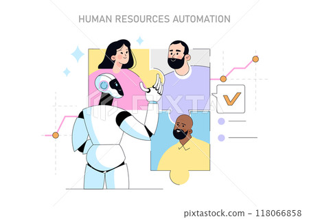 Artificial intelligence in business concept. Robot integrates with human employees for efficient HR management. Innovative workforce collaboration. Vector illustration. 118066858