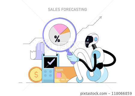 Artificial Intelligence Sales Forecast concept. AI analyzes financial data with magnifying glass, showcasing growth. Modern finance and technology integration. Vector illustration. 118066859