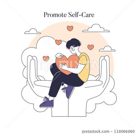 Suicide Prevention Day illustration. A person cuddling a heart, symbolizing self-love and care. Mental health awareness. Vector illustration. 118066860