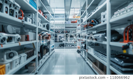 Electric vehicle parts neatly organized in bright storage area, clean and modern layout with high detail on components. EV manufacturing Electric vehicle parts neatly organized in bright storage area, clean and modern layout with high detail on components. EV manufacturing 118066962