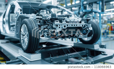 Modern workspace with precise electric vehicle interior assembly, bright lighting and white background. EV manufacturing 118066963