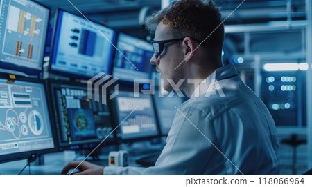 Technician programming robotic systems in bright and clean control room, focus on computer screen and control panel. EV manufacturing 118066964