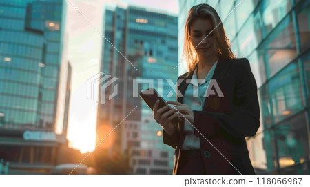 Professional business leader finalizing business deal on phone, urban skyline, and dynamic city scene Female executive making a successful deal 118066987