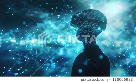 Virtual reality scene with a digital human avatar engaging with AI data visualizations. AI insights 118066988