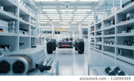High-detail view of organized electric vehicle parts in bright and clean storage area, modern layout. EV manufacturing 118066989