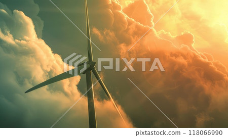 Close-up of single wind turbine in Netherlands against dramatic cloudy skies, blades in motion, highlighting modern engineering and environmental benefits. Windmill park clean energy nehterlands 118066990