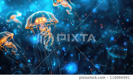 Glowing jellyfish represent AI insights from a deep ocean of data. AI insights 118066991