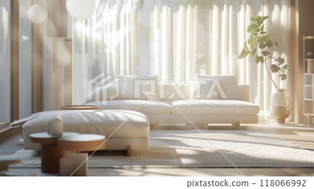 Modern minimalist living room, bright and airy, with white and pastel decor, sunlight, sheer curtains, blurred background for inviting feel. Blurred view of light living room 118066992