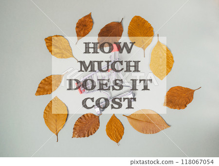 A leafy background with the words How much does it cost written in the center A leafy background with the words How much does it cost written in the center 118067054