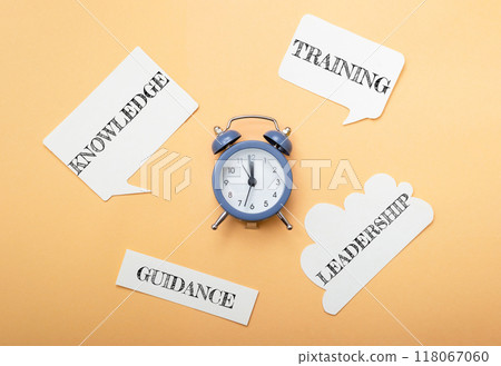 A clock with the words knowledge, training, guidance, leadership 118067060