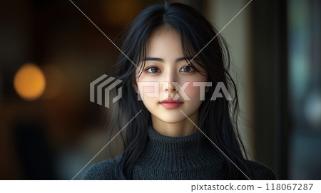 A Korean woman poses with a serene expression in soft lighting, showcasing her natural beauty in an indoor setting 118067287