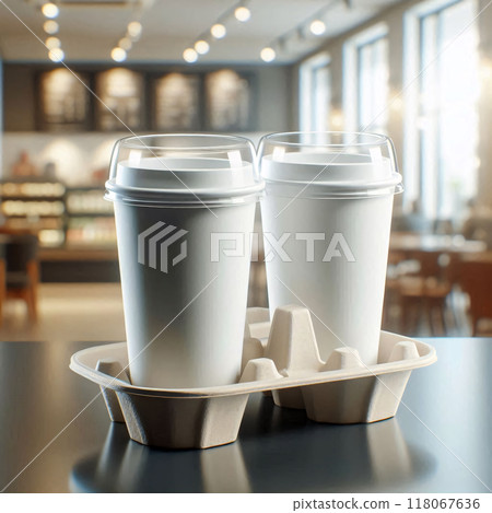 Colorful Takeaway Cups in a Carrier with a Blurred Coffee Shop Background for Mockup and Branding Use 118067636