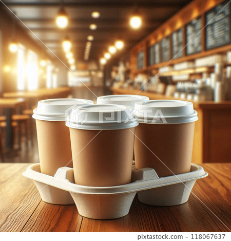 Colorful Takeaway Cups in a Carrier with a Blurred Coffee Shop Background for Mockup and Branding Use 118067637