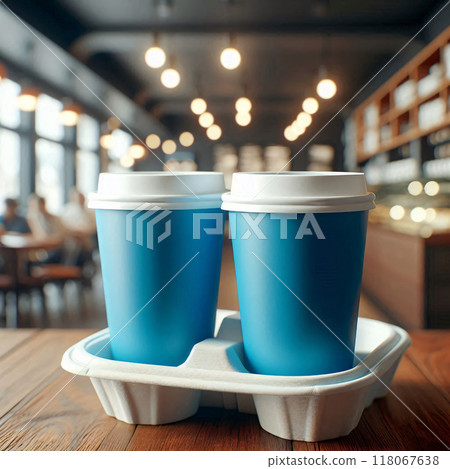 Colorful Takeaway Cups in a Carrier with a Blurred Coffee Shop Background for Mockup and Branding Use 118067638