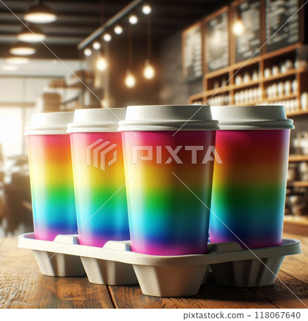 Colorful Takeaway Cups in a Carrier with a Blurred Coffee Shop Background for Mockup and Branding Use Colorful Takeaway Cups in a Carrier with a Blurred Coffee Shop Background for Mockup and Branding Use 118067640