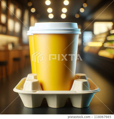 Colorful Takeaway Cups in a Carrier with a Blurred Coffee Shop Background for Mockup and Branding Use 118067665