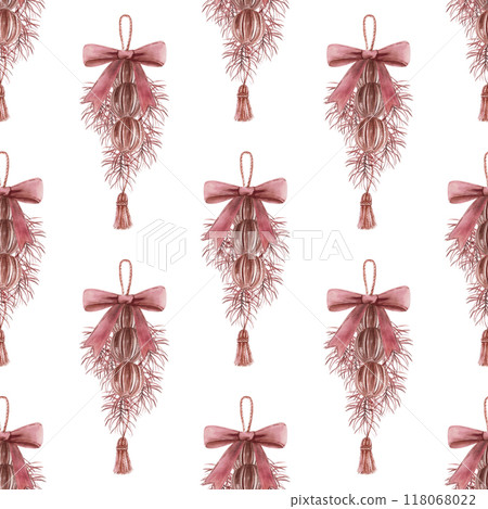 Seamless pattern on a white background from pine branches, oranges, cones for Christmas watercolor illustration in vintage style on a white background. Hand drawn illustration for Christmas cards. Seamless pattern on a white background from pine branches, oranges, cones for Christmas watercolor illustration in vintage style on a white background. Hand drawn illustration for Christmas cards. 118068022