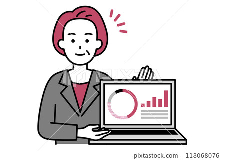 A middle-aged woman in a suit introducing asset management on a computer screen 118068076