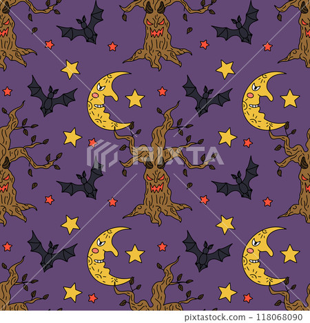 Seamless pattern with cute hand drawn Halloween evil forest trees and half moons with smile 118068090