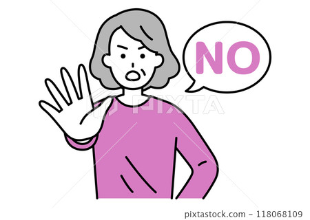 An elderly woman holds out her right hand and says NO 118068109