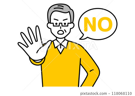An elderly man holds out his right hand and says NO An elderly man holds out his right hand and says NO 118068110