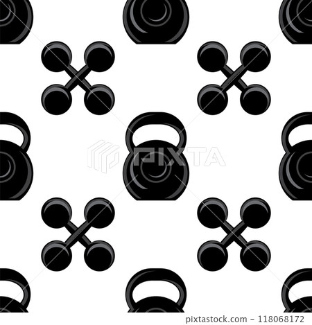 Vector Illustration with silhouettes of weights on a white background. Seamless pattern. Fitness collection Vector Illustration with silhouettes of weights on a white background. Seamless pattern. Fitness collection 118068172