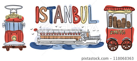 Illustration of Istanbul tram, ferry, and simit cart. Great for travel blogs highlighting Turkish street food, iconic landmarks, and local transportation Illustration of Istanbul tram, ferry, and simit cart. Great for travel blogs highlighting Turkish street food, iconic landmarks, and local transportation 118068363