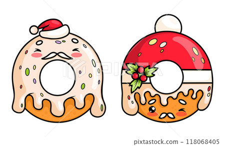 Christmas donut in Santa Claus with dripping glaze set. Isolated funny holiday New Year kawaii cartoon character food. Vector illustration. Kids collection. 118068405