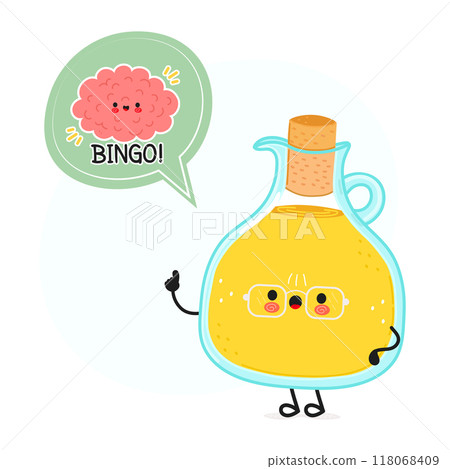 Olive oil with speech bubble and brain character. Vector hand drawn cartoon kawaii character illustration. Isolated white background. Olive oil poster and brain 118068409