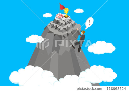 3D Isometric Flat Vector Illustration of Overcoming Obstacles, Climbing towards Mountain Peak 118068524