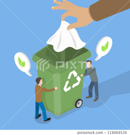 3D Isometric Flat Vector Illustration of Caring For Nature, Hand Tosses Tissue Paper into Trash Can 118068526