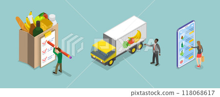 3D Isometric Flat Vector Illustration of Grocery Food Delivery, Shipping of Farm Fresh Fruits and Vegetables 3D Isometric Flat Vector Illustration of Grocery Food Delivery, Shipping of Farm Fresh Fruits and Vegetables 118068617