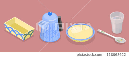 3D Isometric Flat Vector Set of Kitchen Utensils In Retro Style, Decorative Plate or Dish 3D Isometric Flat Vector Set of Kitchen Utensils In Retro Style, Decorative Plate or Dish 118068622