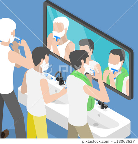 3D Isometric Flat Vector Illustration of Different Generations Shave Together, Showing Legacy of Fatherhood 118068627