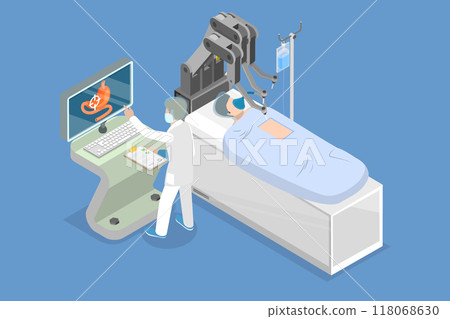 3D Isometric Flat Vector Illustration of Surgery With Medical Robot, Controlling a Cyborg Arm During Medical Operation 3D Isometric Flat Vector Illustration of Surgery With Medical Robot, Controlling a Cyborg Arm During Medical Operation 118068630