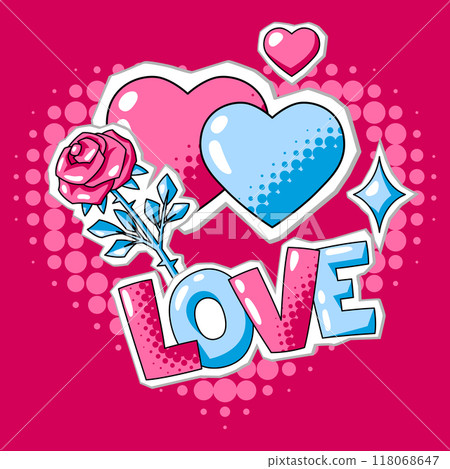 Happy Valentine Day greeting card. Holiday background with romantic stickers and love symbols. Happy Valentine Day greeting card. Holiday background with romantic stickers and love symbols. 118068647
