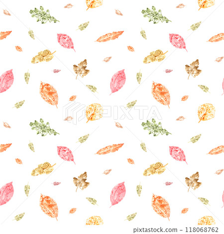 Flying forest fall dried leaves imprints watercolor seamless pattern. Autumnal illustration in pink, orange, green, brown colors. Leafage composition for room decoration, textile, wrapping, scrapbook. 118068762