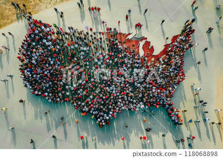 Overhead Drone Shot of Campaign Rally Crowd Forming the Shape of a Country Map 118068898