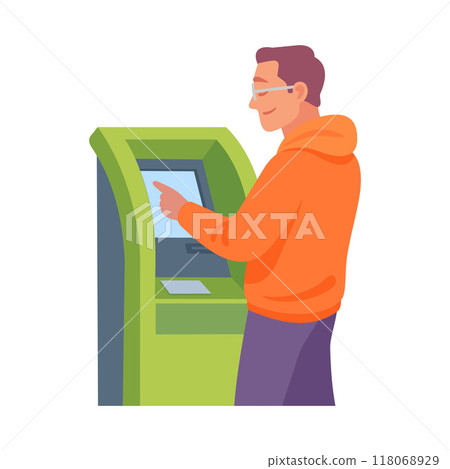 Man Character at Bank Terminal Cash Withdrawing Vector Illustration Man Character at Bank Terminal Cash Withdrawing Vector Illustration 118068929
