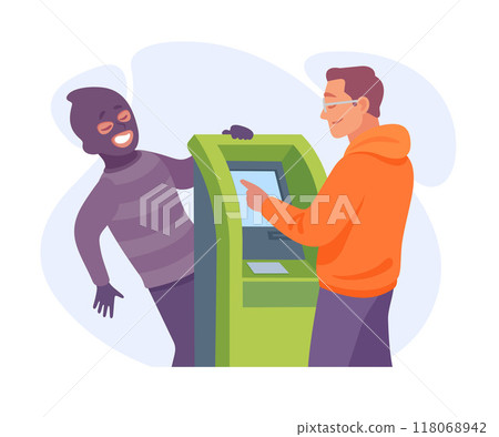 Man Criminal at Bank Terminal Commit Crime and Theft Vector Illustration 118068942
