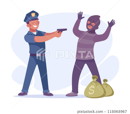 Man Criminal Caught with Sack of Money by Police Vector Illustration Man Criminal Caught with Sack of Money by Police Vector Illustration 118068967