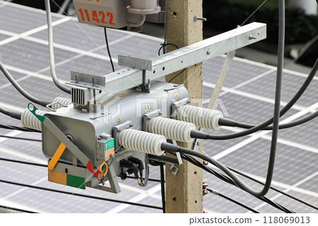 AV High Voltage Load Break Switch, High voltage switch box on utility pole. Remote control switch set for high voltage on electric pole. 118069013