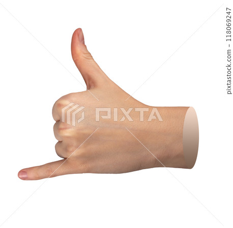 Thumb and pinky finger gesture, hand surf, surfer sign. Kids shaka isolated symbol on white Thumb and pinky finger gesture, hand surf, surfer sign. Kids shaka isolated symbol on white 118069247