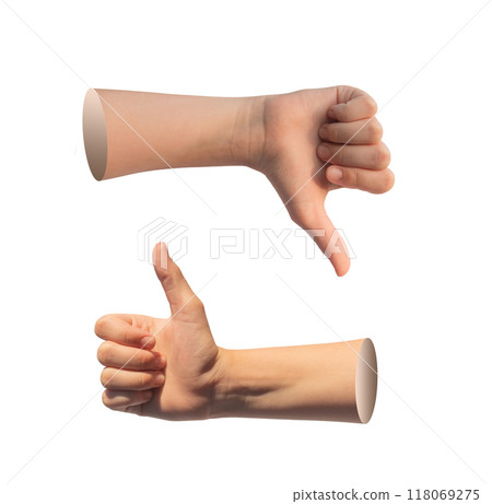 Thumb up and down gesture, kids hand showing like and dislike isolated on white background 118069275