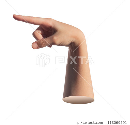 Index finger pointing aside, kids pointer, forefinger showing, isolated on white background. Index finger pointing aside, kids pointer, forefinger showing, isolated on white background. 118069291