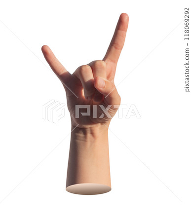 Kids hand, rock horns sign isolated on white background 118069292