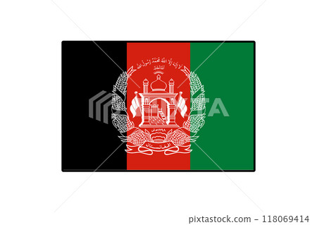 This artwork showcases the national flag of Afghanistan, featuring its distinctive colors of black, red, and green, along with a central emblem symbolizing the country's heritage and identity. This artwork showcases the national flag of Afghanistan, featuring its distinctive colors of black, red, and green, along with a central emblem symbolizing the country's heritage and identity. 118069414